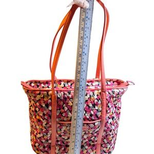 Vera Bradley Quilted multicolor Tote Bag Coral Pink Leather Trim Zipper Preowned